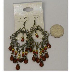 Women Red Beaded Earrings Drop Dangle Bronze Tones Fashion Hook Fasteners